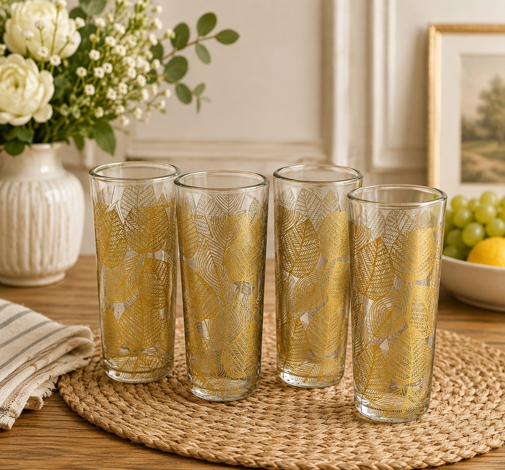 Vintage TMD Holdings Gold Tone Leaf Pattern Highball Glasses Set of 4 Shots EXC